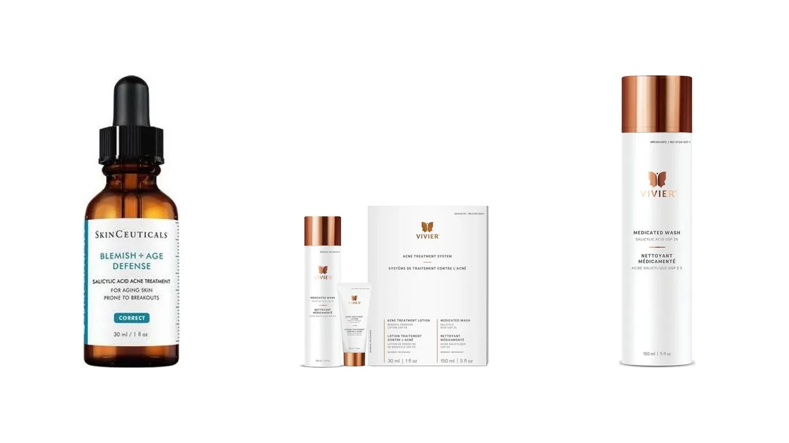 SkinCeuticals Blemish and Age Defense, the Vivier Acne Treatment System and Vivier Medicated Wash on a white background