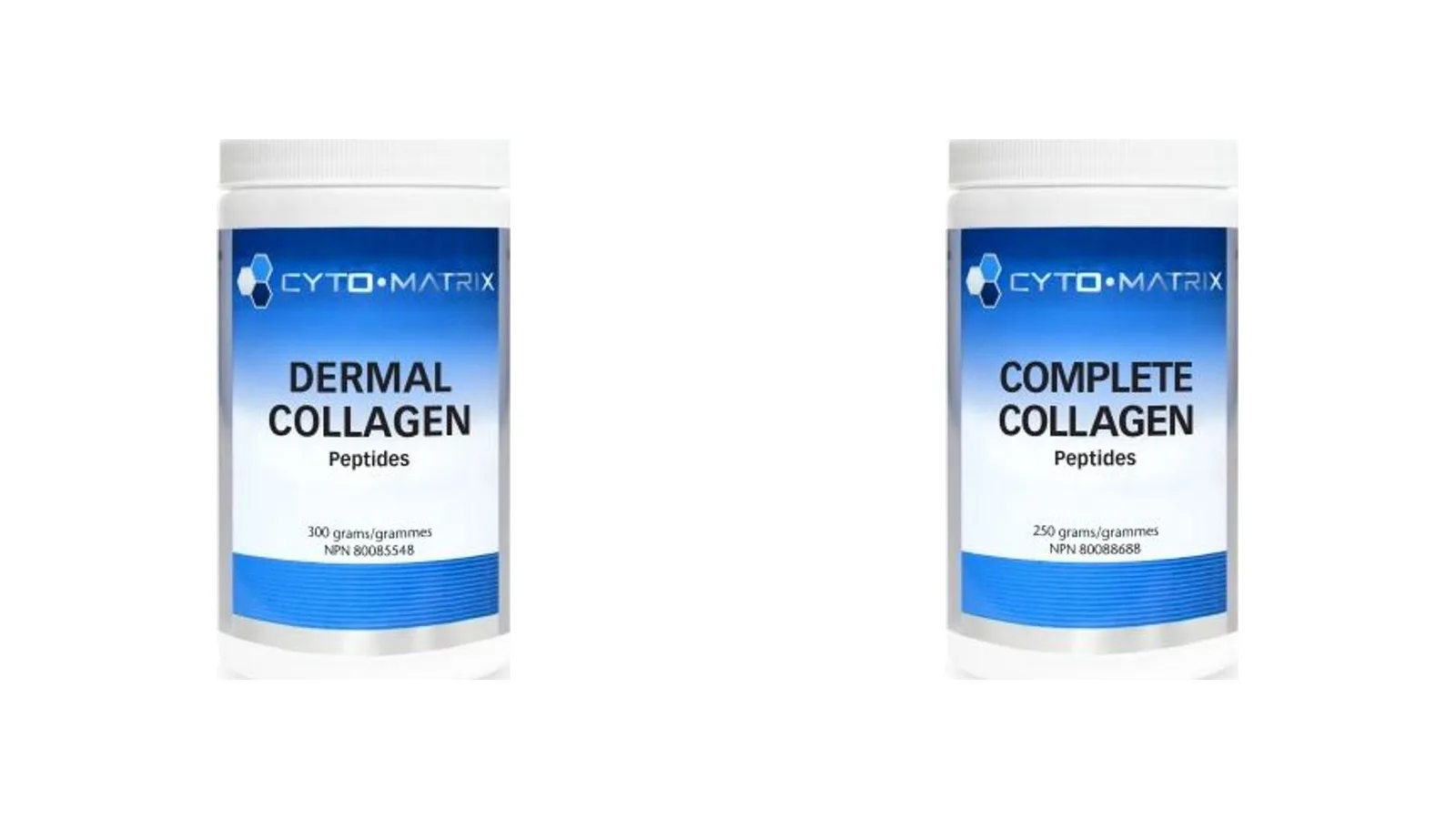 Cyto-Matrix Dermal Collagen Peptides and Complete Collagen Peptides powder tubs on a white background