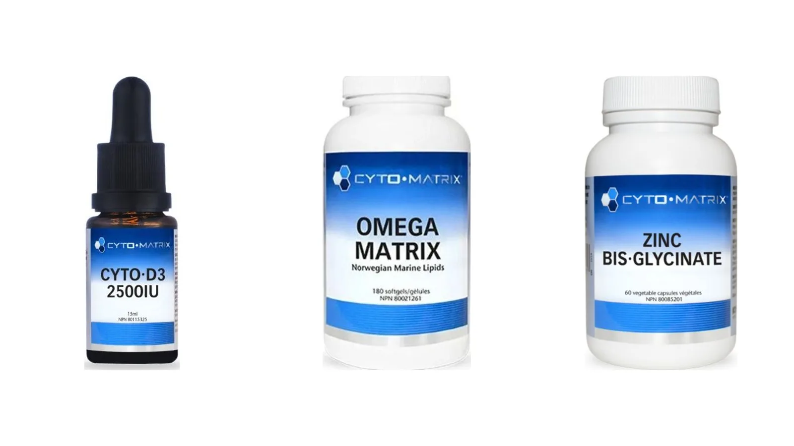 Cyto-Matrix Cyto-D3 drops, Omega Matrix softgels and Zinc Bis-Glycinate on a white background