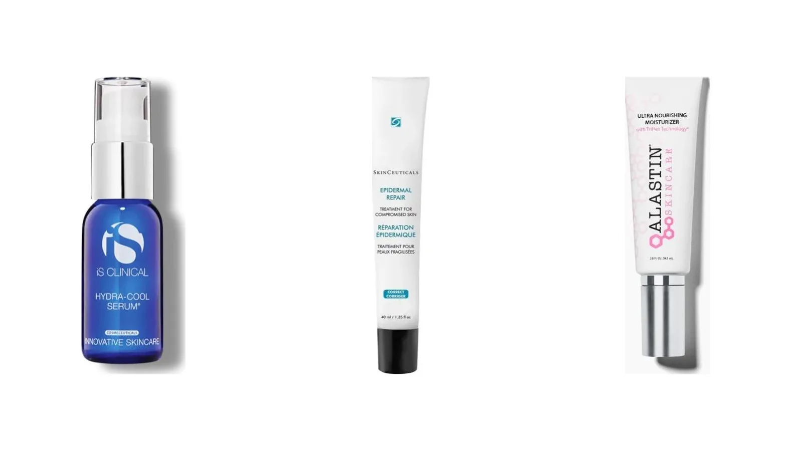 iS Clinical Hydra-Cool Serum, SkinCeuticals Epidermal Repair and Alastin Ultra Nourishing Moisturizer on a white background