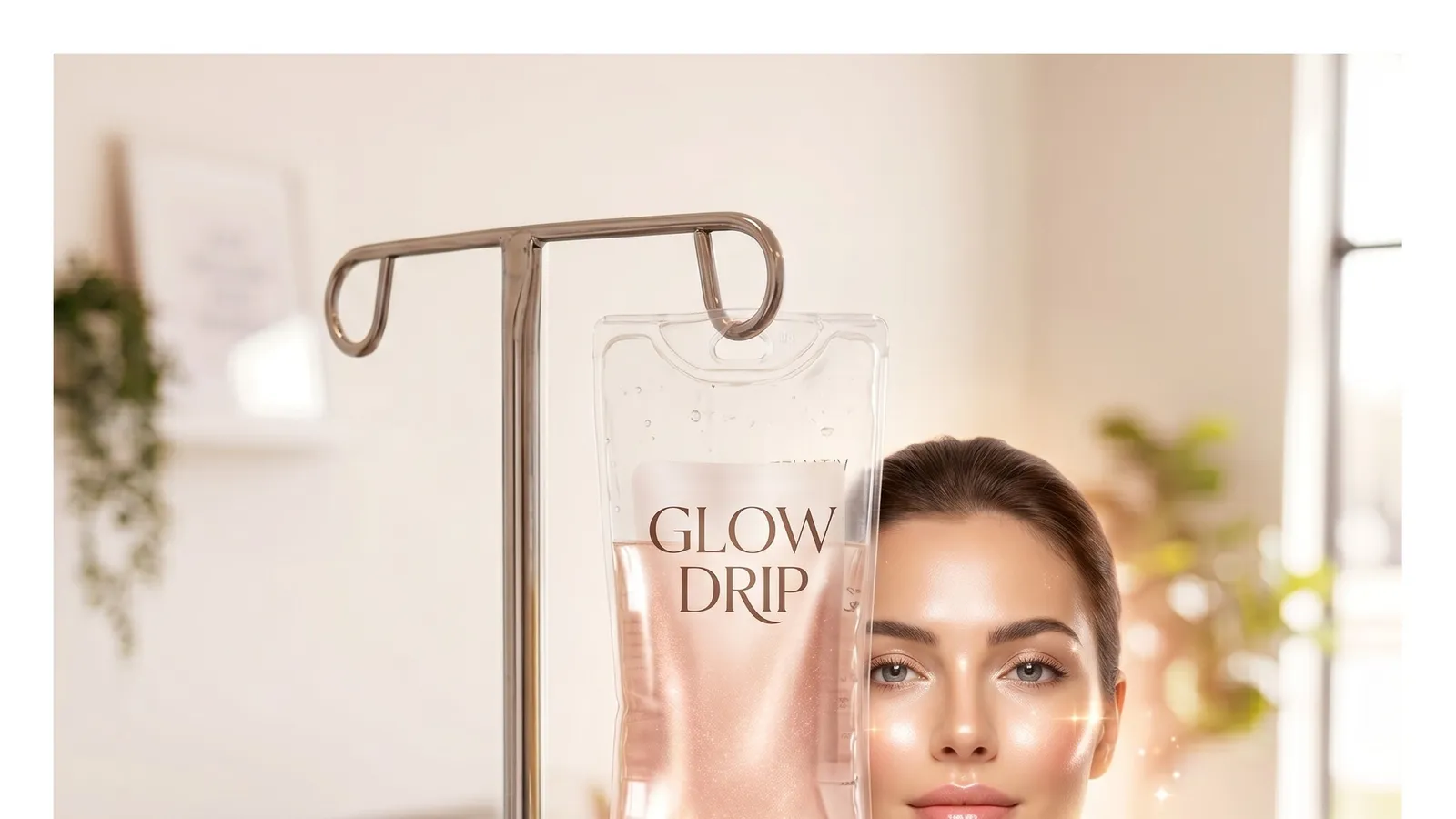 An Ageless Living Glow Drip IV bag hanging beside a patient during an IV vitamin session