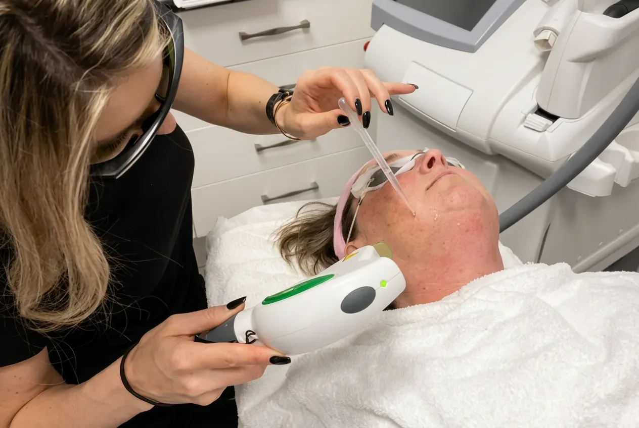 An Ageless Living practitioner performing an IPL photorejuvenation treatment with the patient wearing protective eyewear