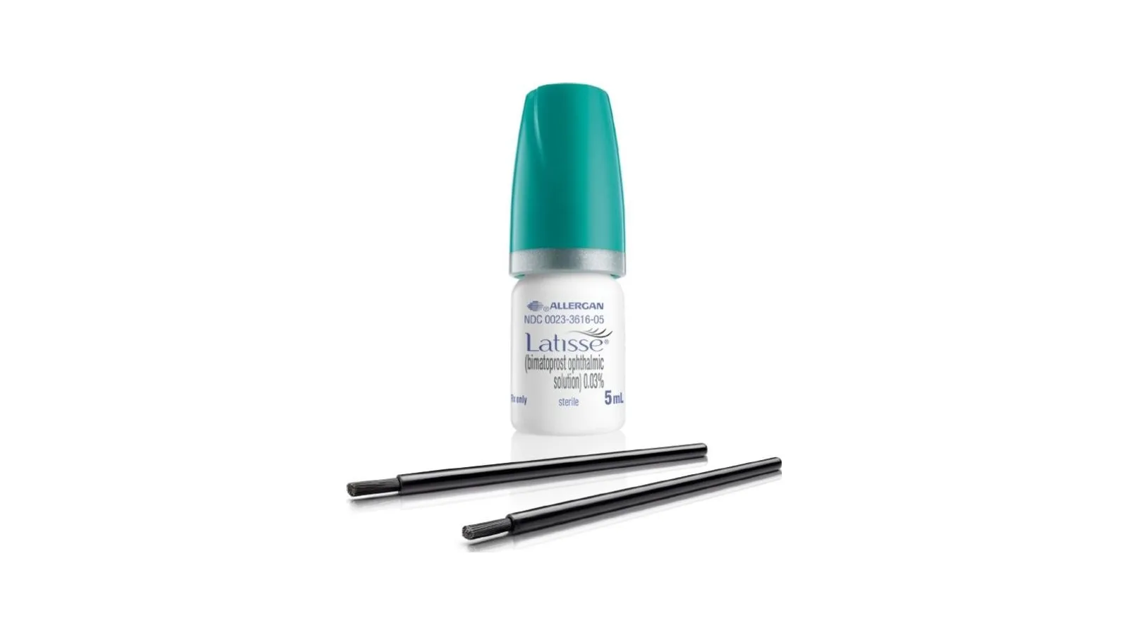 A bottle of Latisse 5ml with its applicator brushes on a white background