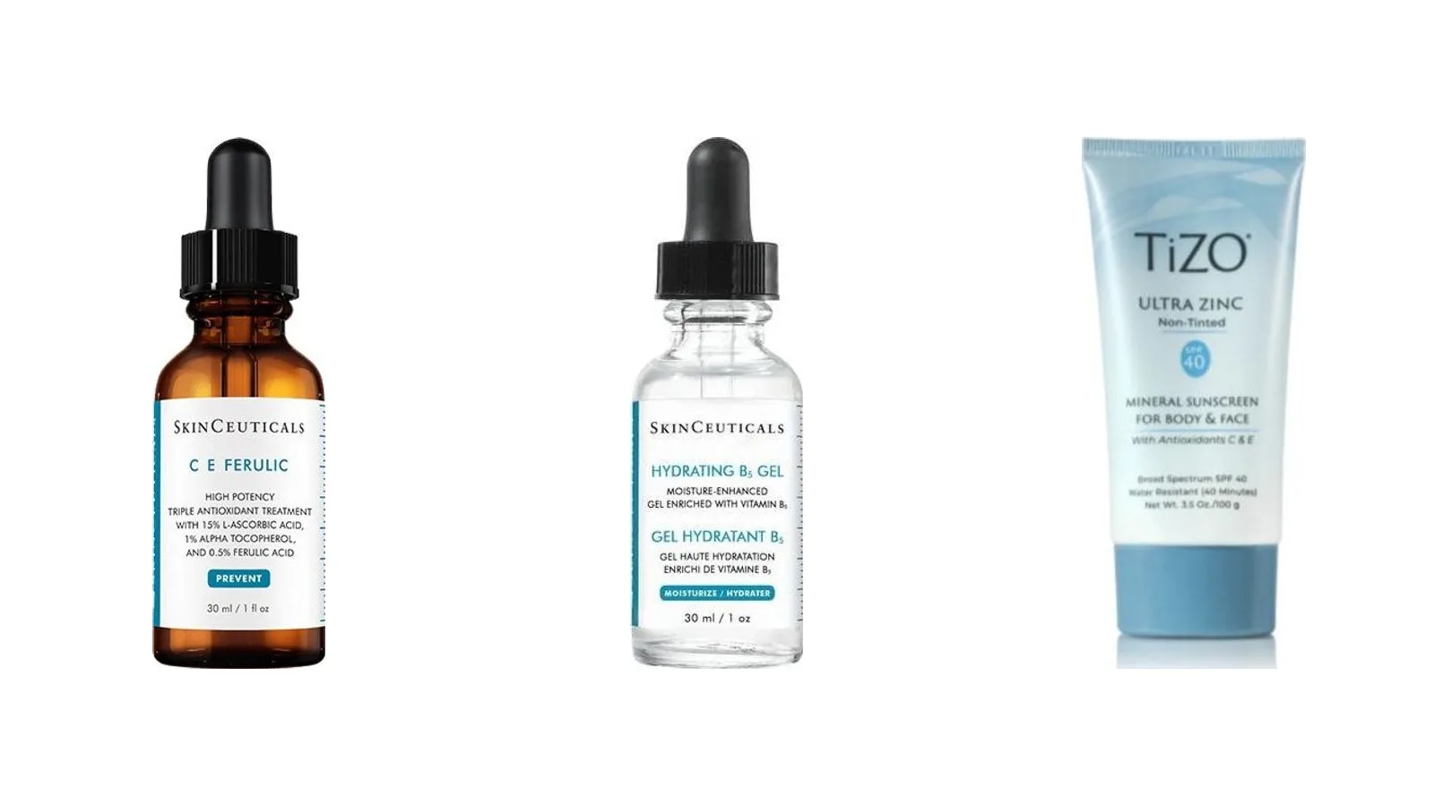 SkinCeuticals C E Ferulic, Hydrating B5 Gel and TiZO Ultra Zinc SPF 40 lined up on a white background