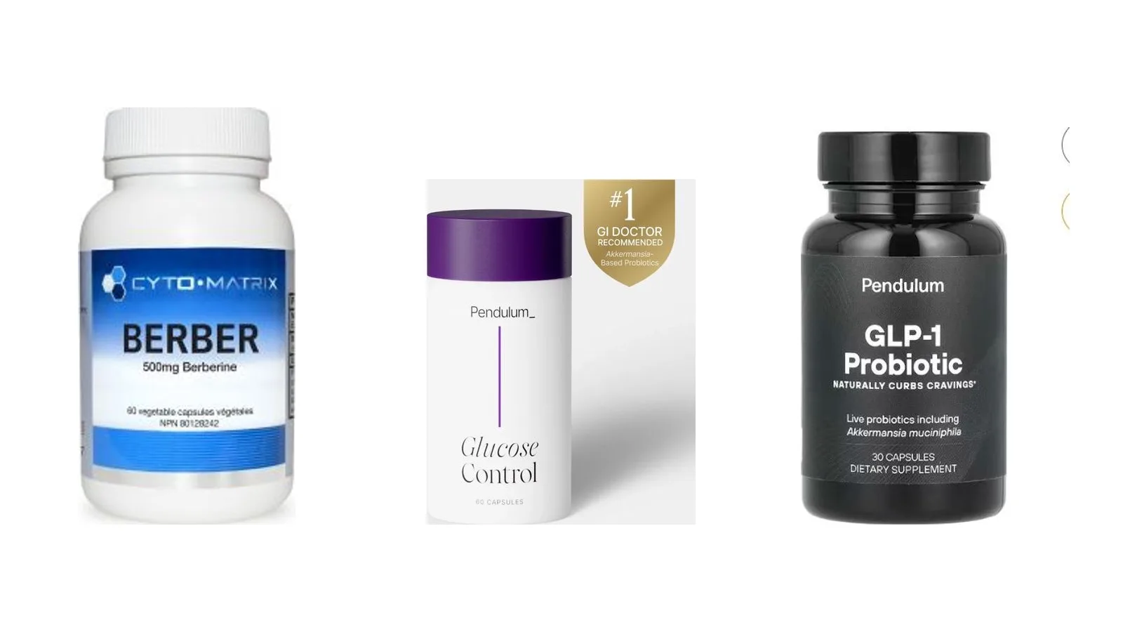 Cyto-Matrix Berber, Pendulum Glucose Control and GLP-1 Probiotic Pro supplement bottles on a white background