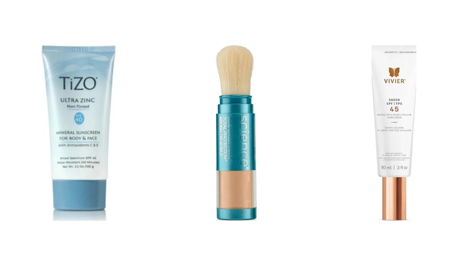 TiZO Ultra Zinc SPF 40, Colorescience Brush-On Shield and Vivier Sheer SPF 45 on a white background