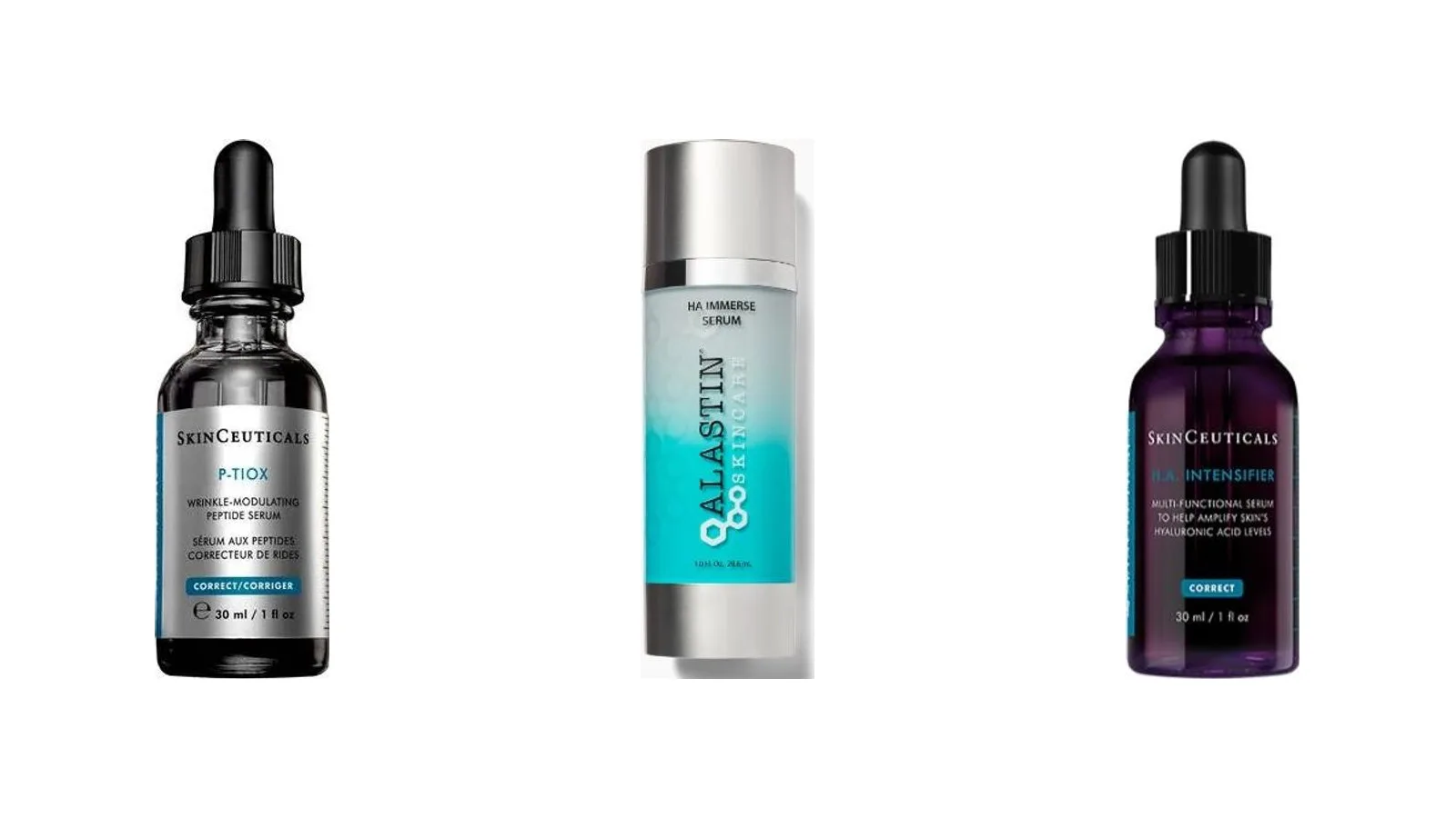 SkinCeuticals P-TIOX, Alastin HA Immerse Serum and SkinCeuticals H.A. Intensifier on a white background
