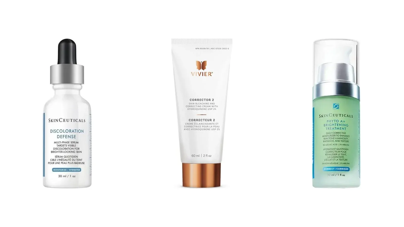 SkinCeuticals Discoloration Defense, Vivier Corrector 2 and SkinCeuticals Phyto A+ Brightening Treatment on a white background