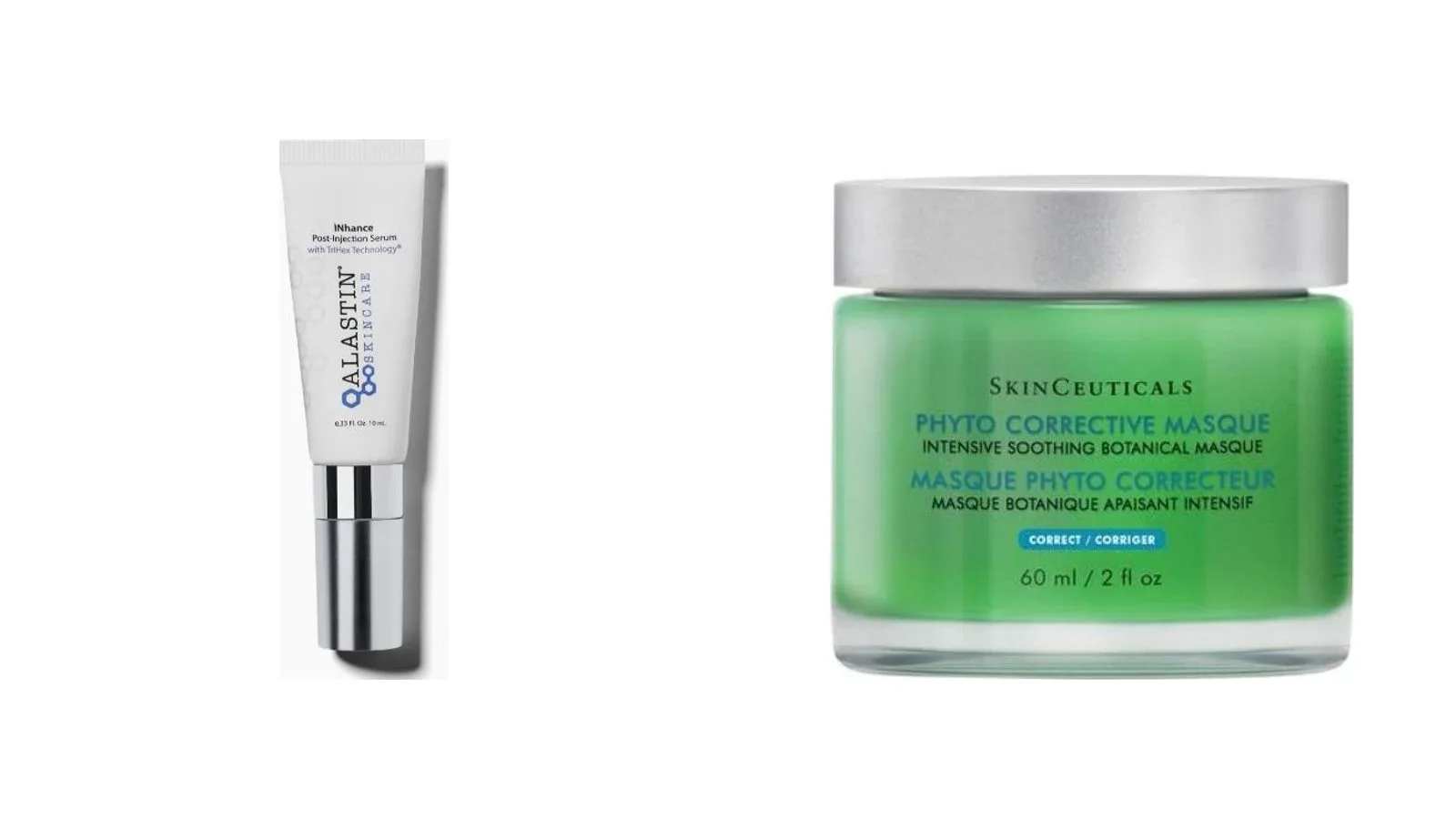 Alastin INhance Post-Injection Serum and SkinCeuticals Phyto Corrective Mask on a white background