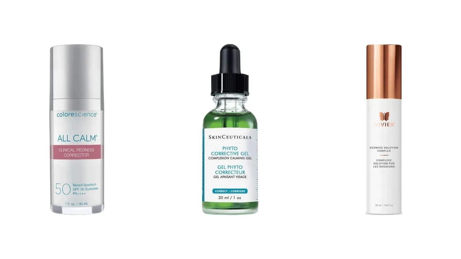 Colorescience All Calm SPF 50, SkinCeuticals Phyto Corrective Gel and Vivier Redness Solution Complex on a white background