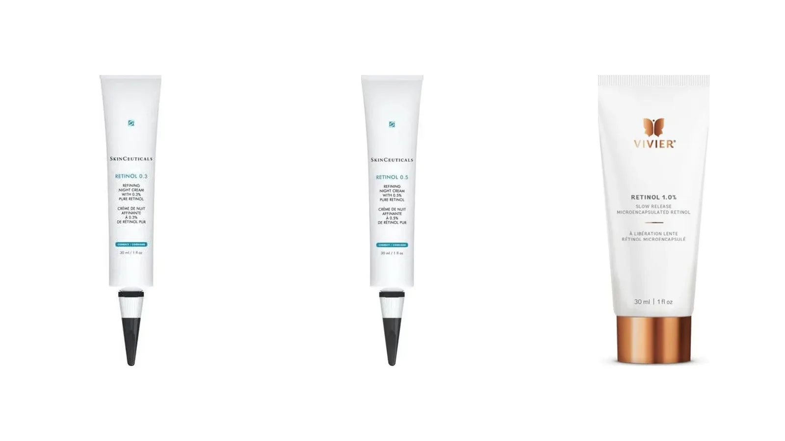 SkinCeuticals Retinol 0.3, Retinol 0.5 and Vivier Retinol 1% on a white background