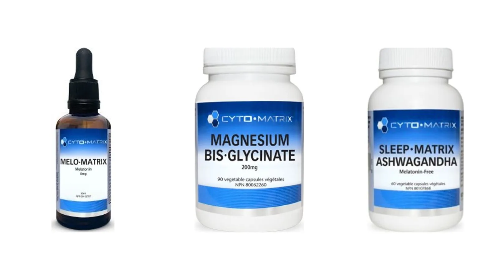 Cyto-Matrix Melo-Matrix liquid melatonin, Magnesium Bis-Glycinate and Sleep-Matrix Ashwagandha on a white background