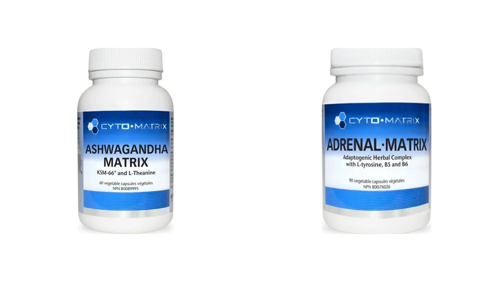Cyto-Matrix Ashwagandha Matrix and Adrenal-Matrix supplement bottles on a white background
