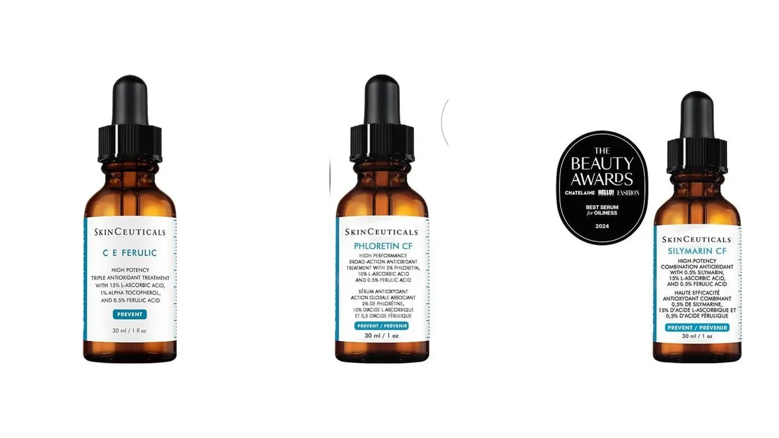 SkinCeuticals C E Ferulic, Phloretin CF and Silymarin CF serum bottles on a white background