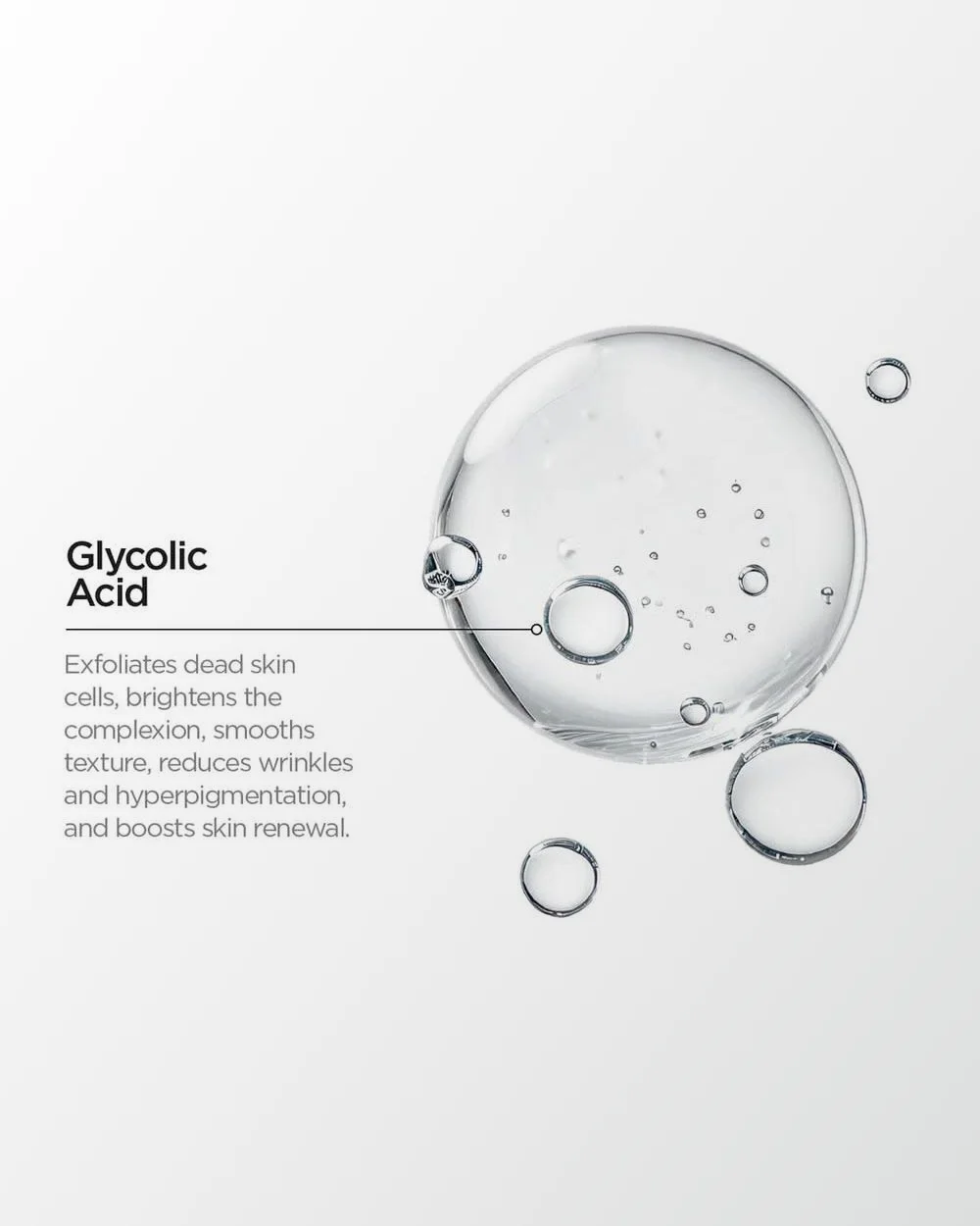 Clear drops of glycolic acid, labelled as exfoliating and brightening