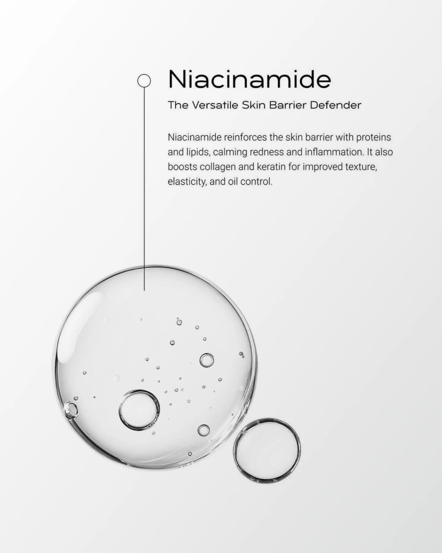 A clear drop of niacinamide serum, labelled as the versatile skin barrier defender