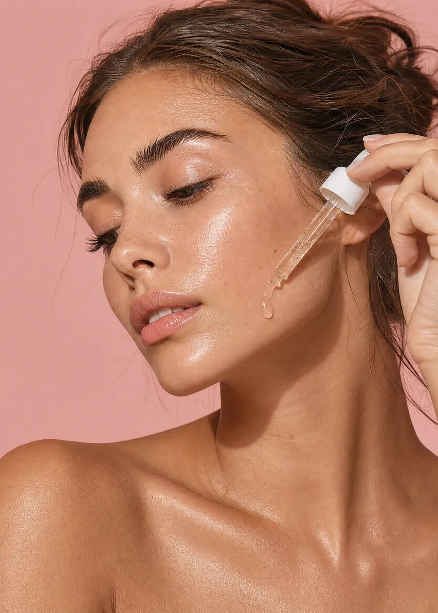 Someone letting a drop of serum fall onto their cheek, against pink