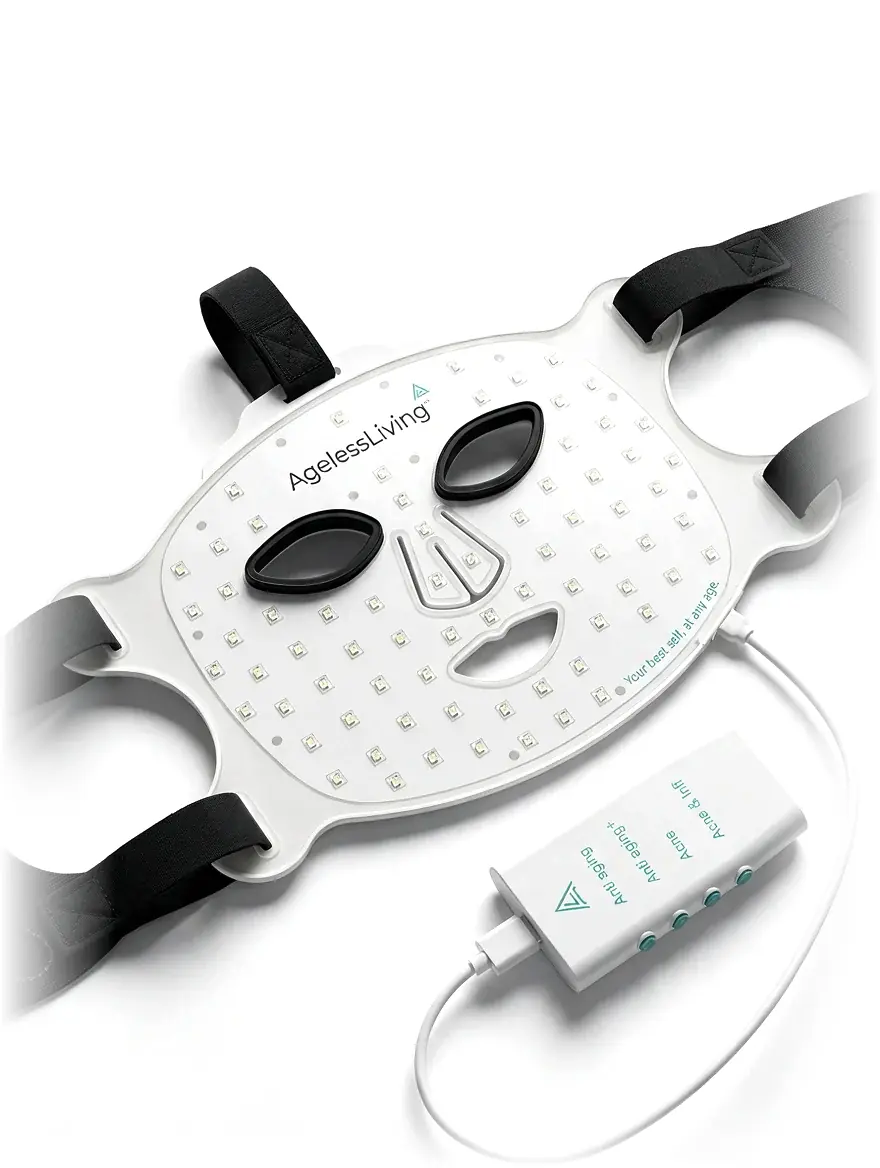 The Ageless Living LED mask with its straps and controller, laid flat