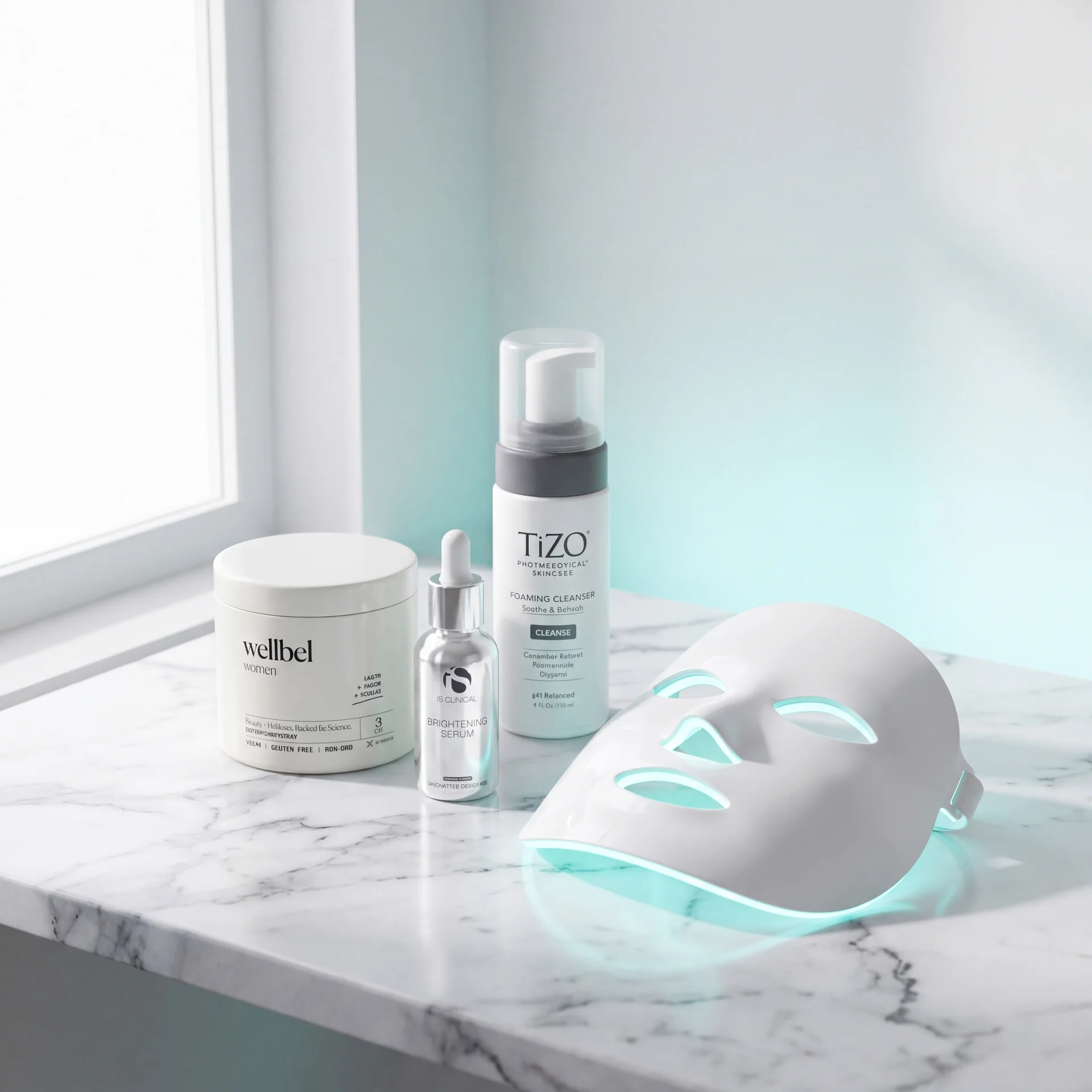 An Ageless Living LED mask glowing on a marble counter beside clinic skincare
