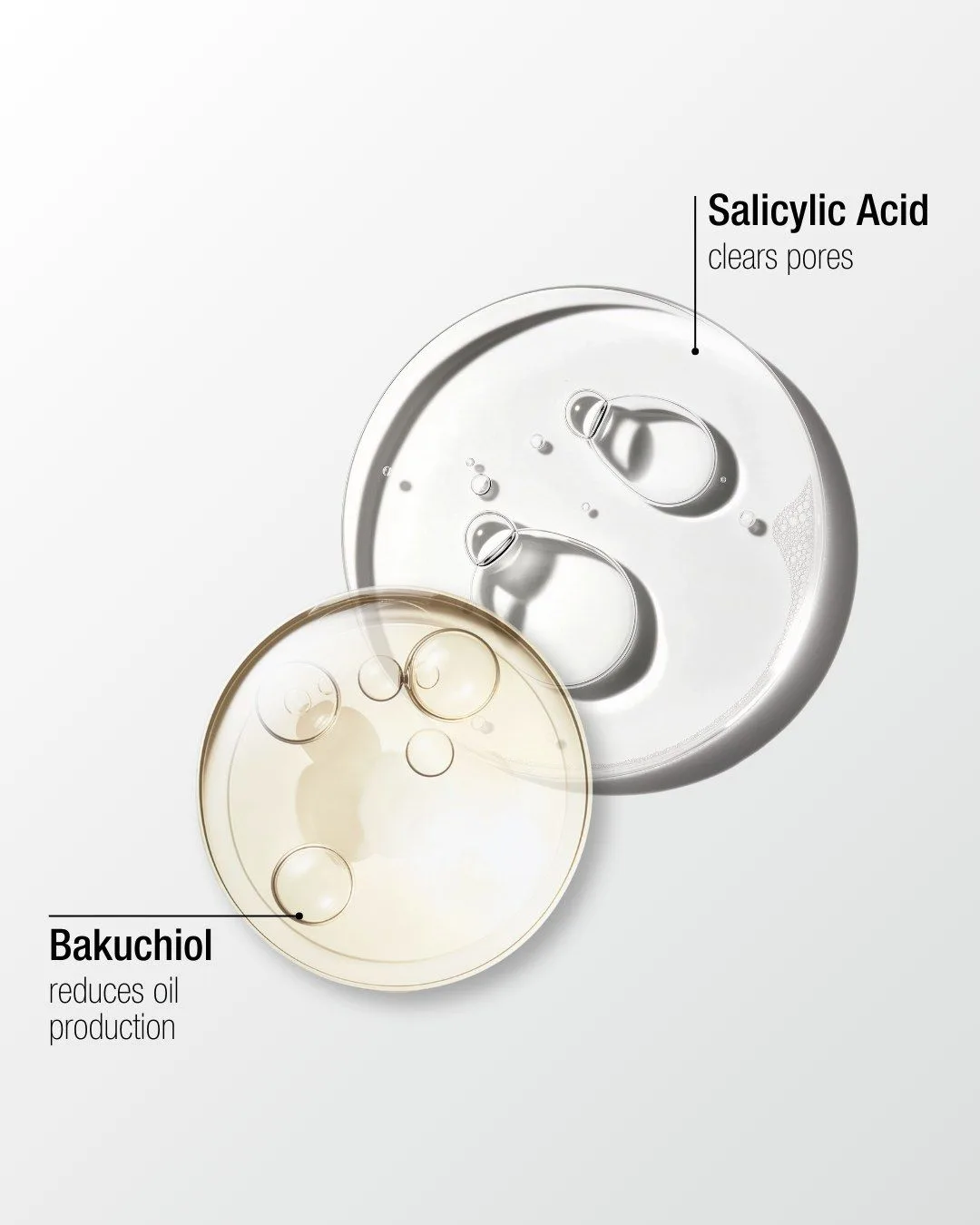 Two dishes of clear and golden serum, labelled salicylic acid and bakuchiol
