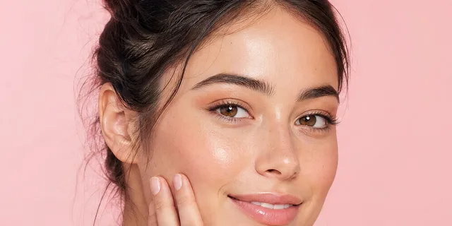Someone smiling with a hand resting against their cheek, against pink