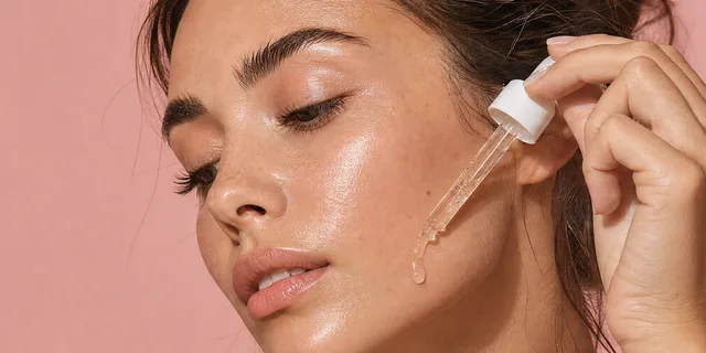 Someone letting a drop of serum fall onto their cheek, against pink